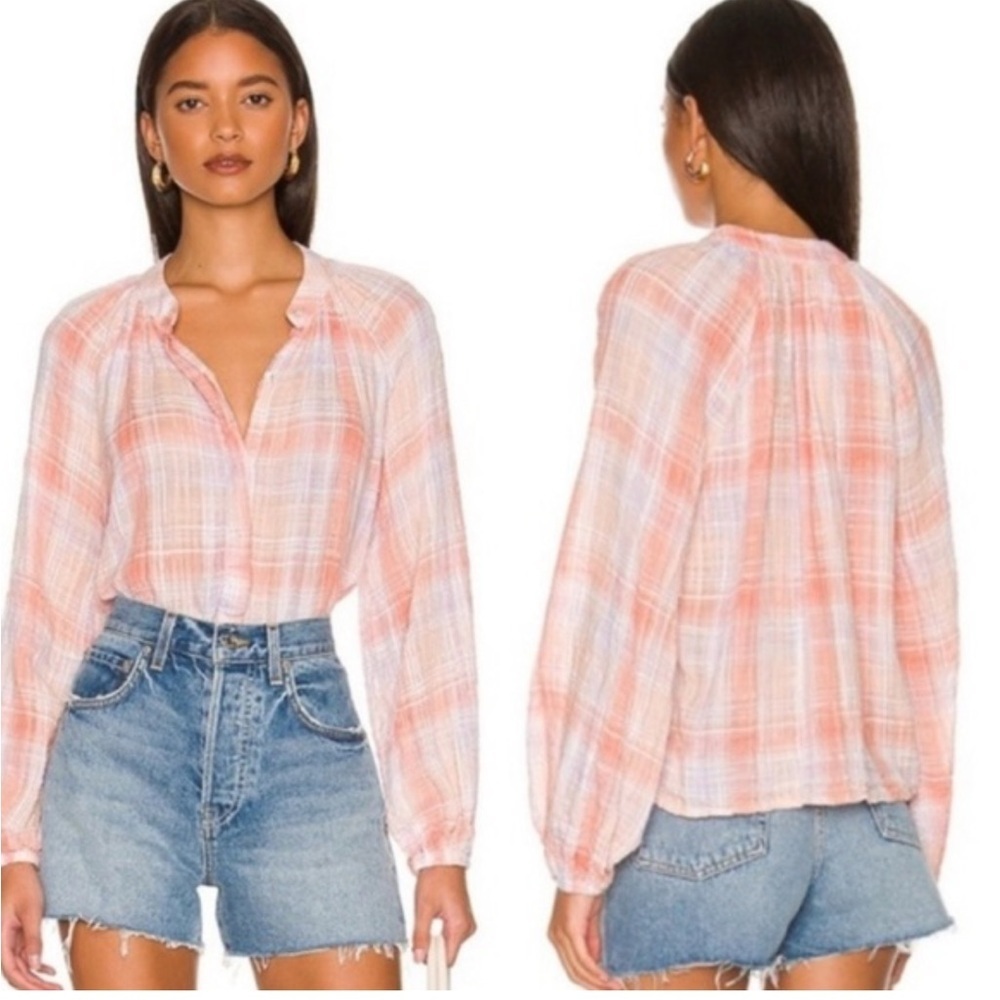 BELLA DAHL Orange and White Plaid Blouse. Size Xs